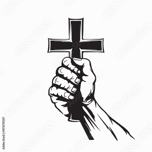 Hand Holding Christian Cross Vector Illustration On White Background