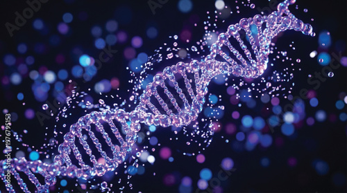 Detailed double helix dna strand made of glowing purple molecules and floating particles on a dark background representing genetic research and biotechnology science.