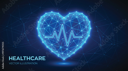 Glowing blue polygonal heart with an integrated heartbeat line floating in a digital space representing medical science and modern cardiology technology in a high-tech style.