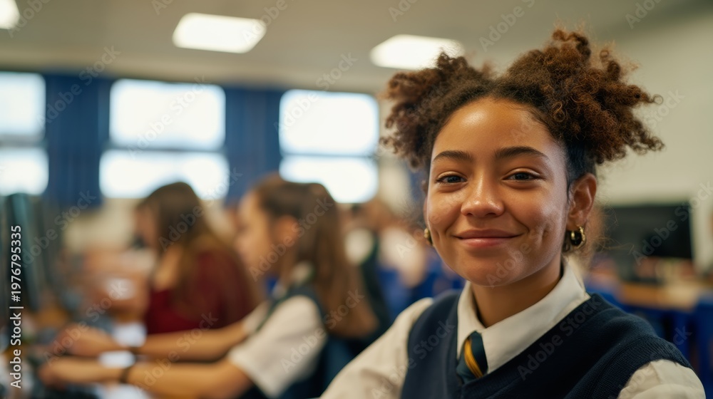Fototapeta premium Young Woman With Afro Hairstyle, Posing in a Classroom