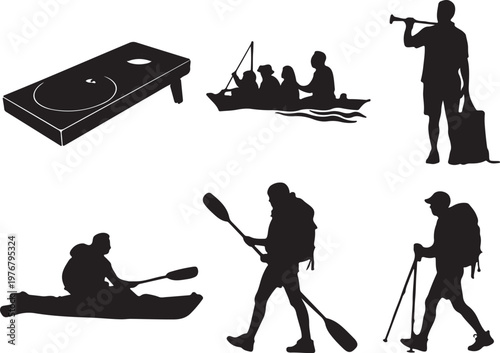 Collection of outdoor adventure and recreational activities silhouettes isolated on transparent background