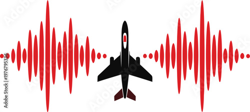 Minimalist jet icon emitting offset sound waves dual red black vector clean modern International Reggae Day illustration design reggae tropical music vibe