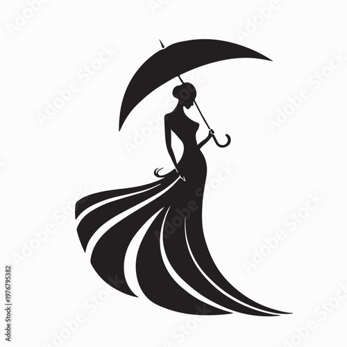 Woman Holding Umbrella In Rain Vector Logo Design Illustration