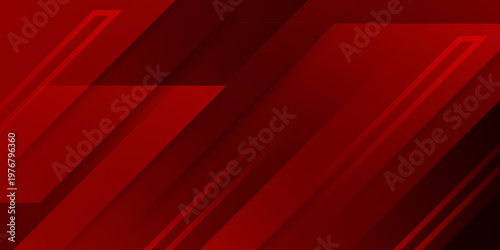 A vibrant red abstract design features angular shapes and lines.