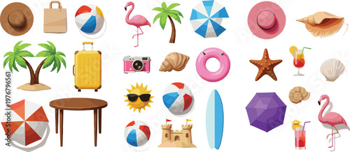 Vector Set of Summer Vacation and Beach Icons, Including Sunglasses, Surfboard, Flamingo, and Tropical Accessories