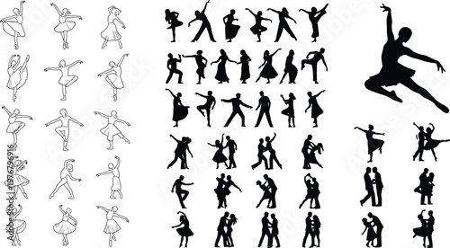 Vector Set of Dance Silhouettes in Various Styles Including Ballet, Contemporary, and Partner Dance for Artistic and Performance Illustrations