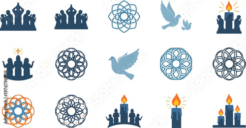 Sacred geometry and prayerful silhouettes combine to form a thematic series of religious and meditative icon designs.