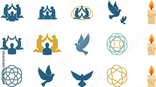 People kneeling in prayer alongside geometric patterns and doves create a comprehensive set of spiritual and meditative symbols.