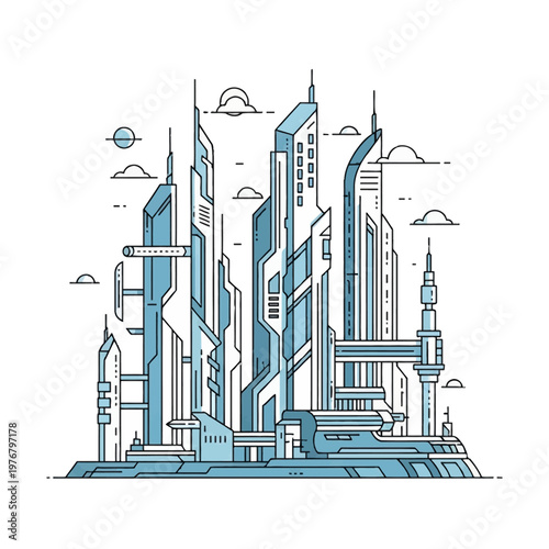 Futuristic city skyline vector illustration featuring blue geometric skyscrapers, technical line art architecture, urban landscape with antennas, stylized clouds, and sky elements.