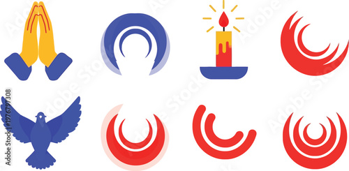 Abstract religious icons depict prayer hands, a burning candle, and a flying dove signifying hope and devotion.