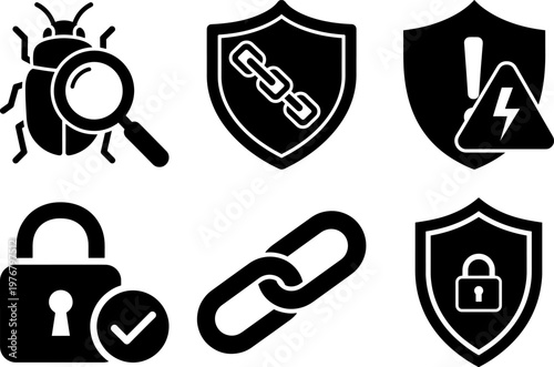 Cybersecurity and protection icons including bug shield chain lock