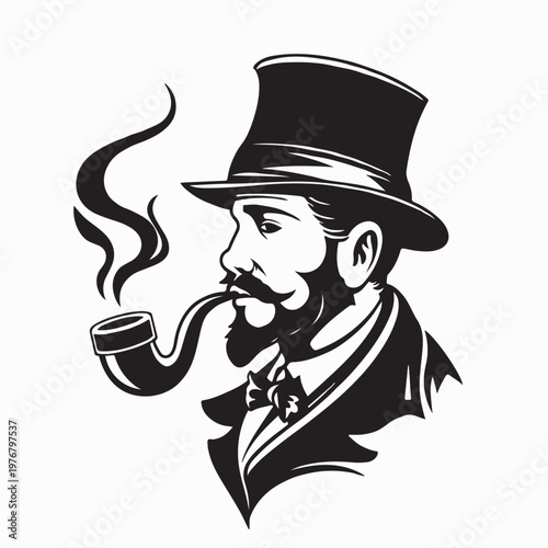 Classic Bearded Man in Hat Enjoying Pipe Smoke Silhouette Logo Vector