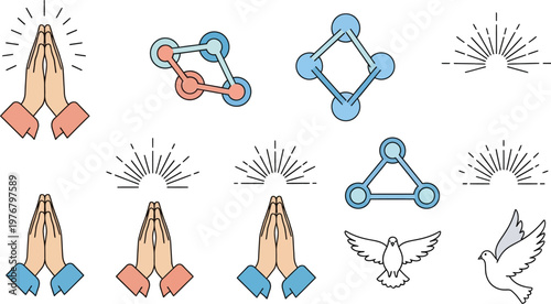 Praying hands and spiritual symbols are organized in this collection of flat vector icons for religious communication.