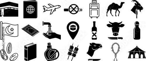 Black icons related to Hajj pilgrimage and travel restrictions