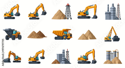 Collection of vector illustrations featuring heavy mining and construction machinery, yellow excavators, industrial dump trucks, dirt piles, drilling rigs, and factory structures.