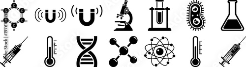 Collection of science and laboratory icons including microscope, DNA, Atoms, And test tubes