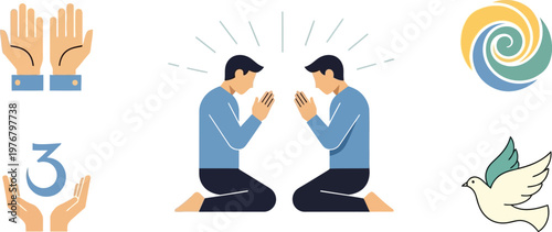 Worship icons showcase people kneeling in prayer alongside open palms and doves to illustrate religious devotion.