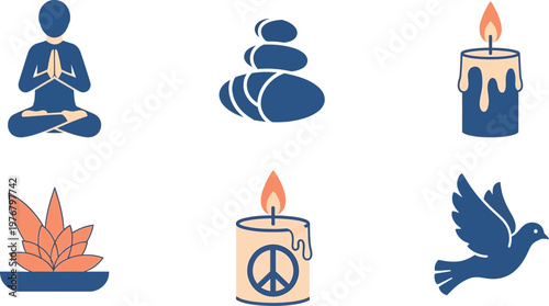 Meditative elements including a person in lotus position, balancing stones, and candles create a serene atmosphere of inner peace.