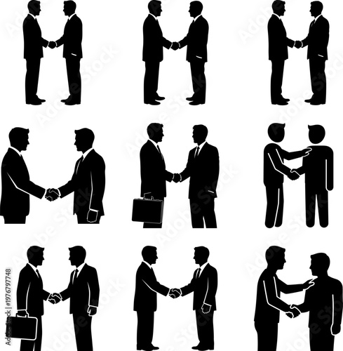 Silhouettes of businessmen shaking hands in various professional poses