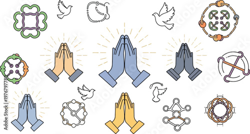 Hands held in prayer are surrounded by geometric patterns and doves to represent peace and mindfulness.