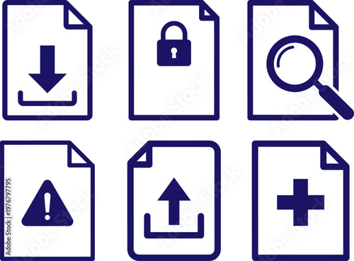 Set of six file icons for download, Lock, Search, Warning, Upload, And add