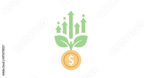Financial Growth Concept: Money Coin with Growing Green Arrows and Leaves