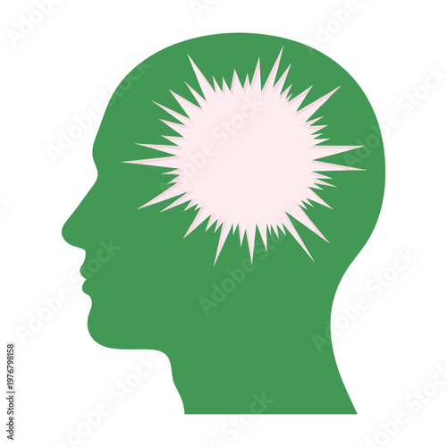 Green silhouette of a human head with bright light explosion inside, symbolizing brainstorm, idea, or pain