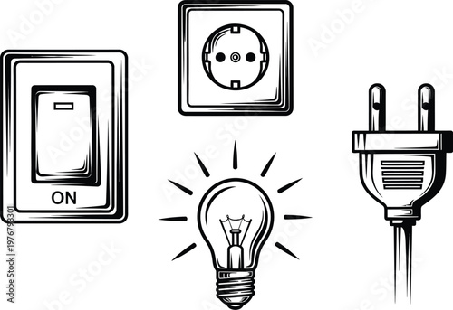 electricity concept with light switch, socket, plug and light bulb This image illustrates basic electricity concepts with a light switch set to 'on', a wall socket, an electrical plug, and a glowing l