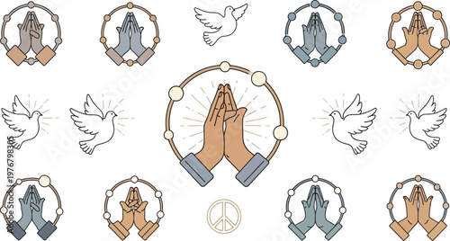 Praying hands surrounded by circular network patterns and flying doves create a symbolic representation of global unity and spiritual harmony.
