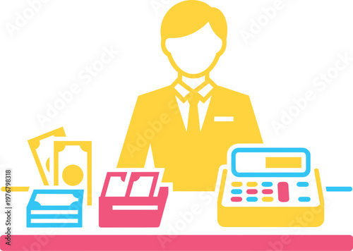 Cashier Icon With Money And Calculator At Counter In Flat Style