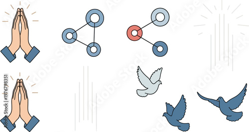 Praying hands icon set features stylized illustrations of palms together, doves in flight, and network nodes to represent spiritual connection and peace.