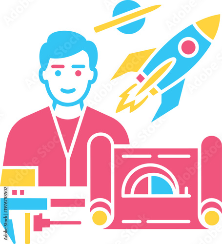 Engineer Designing Rocket Launch With Blueprints And Space Elements