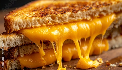焼き色のついたグリルドチーズサンドを引き離すと溶けたチーズが厚く伸びるクローズアップ