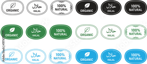 Collection of organic and natural product labels A set of various organic and natural product labels in different colors and designs, suitable for use in marketing and advertising for eco-friendly and