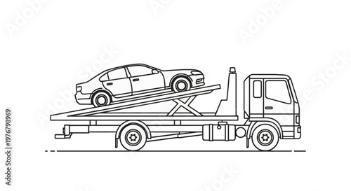 Line art vector illustration of a flatbed tow truck recovery vehicle transporting a sedan car on a tilted hydraulic platform ramp, side view isolated on white background.