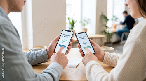 Two people sit at a table holding smartphones showing transfer complete and payment received screens, illustrating peer to peer mobile payment in a casual indoor setting.