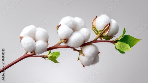Delicate cotton bolls with green leaves on a thin branch against a soft gray background