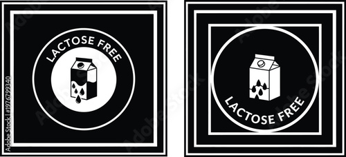 Lactose free milk labels, dairy product icons Two black and white lactose free milk labels with carton icons, suitable for food, nutrition, and health marketing materials