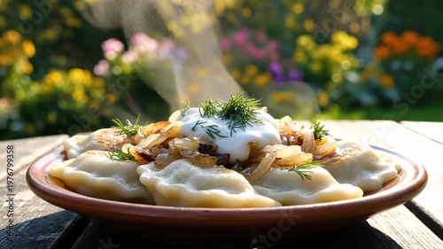 Steaming Plate of Dumplings with Sour Cream and Dill in Garden Setting