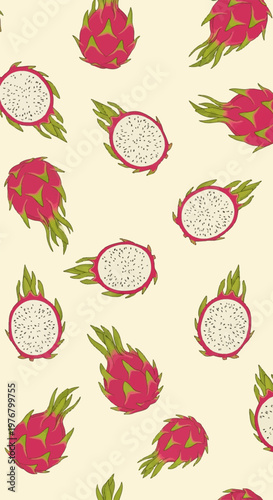 Seamless pattern of whole and sliced dragon fruits (pitaya) with vibrant pink skins, green scales, and white flesh containing black seeds on a pale cream background illustration.