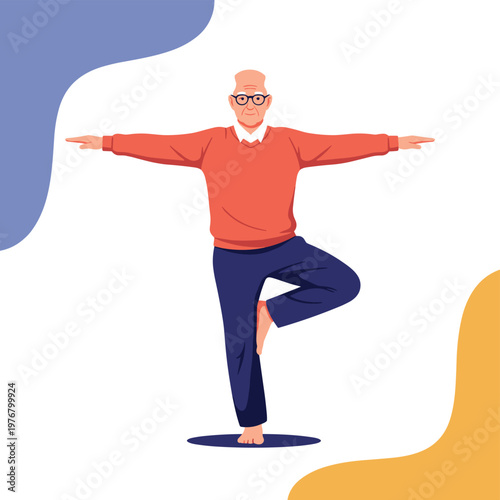 Elderly Man Practicing Tree Pose Yoga, Balanced Lifestyle for Seniors