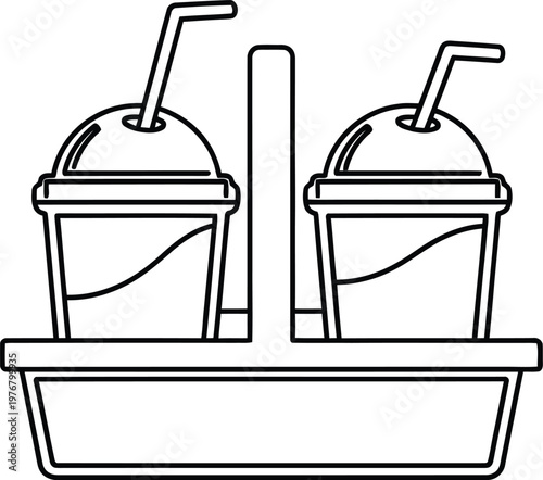 Vector illustration of two drink cups with straws on tray, line art, black and white