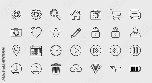 A collection of 30 minimalist outline icons representing various digital and everyday concepts, arranged in a grid on a light gray background.