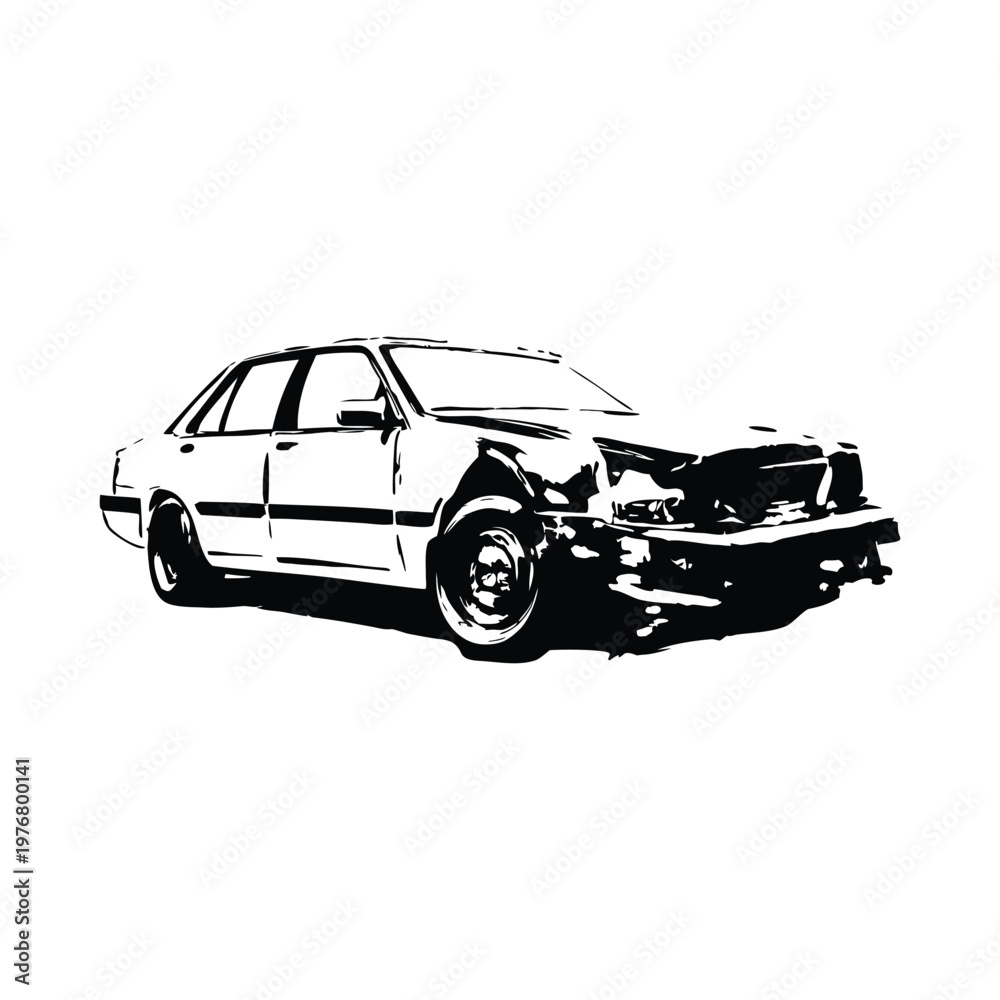 Fototapeta premium Vintage retro illustration of wrecked car damaged vehicle black and white grunge style vector art
