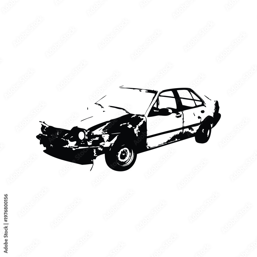 Naklejka premium Vintage retro illustration of wrecked car damaged vehicle black and white grunge style vector art