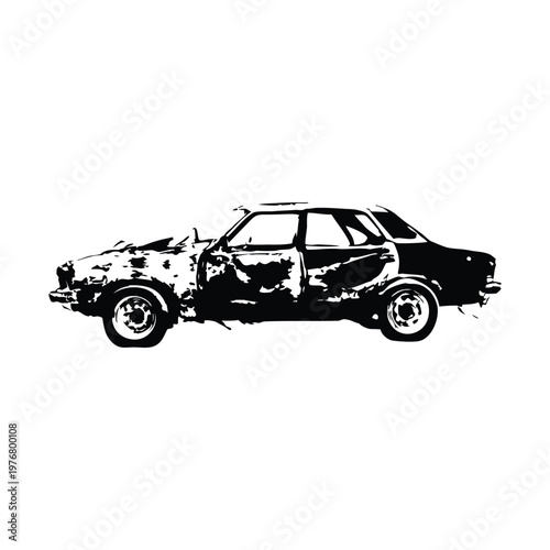 Vintage retro illustration of wrecked car damaged vehicle black and white grunge style vector art