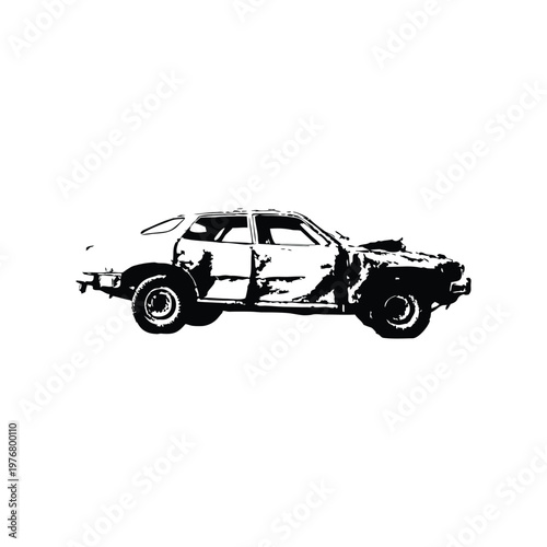 Vintage retro illustration of wrecked car damaged vehicle black and white grunge style vector art