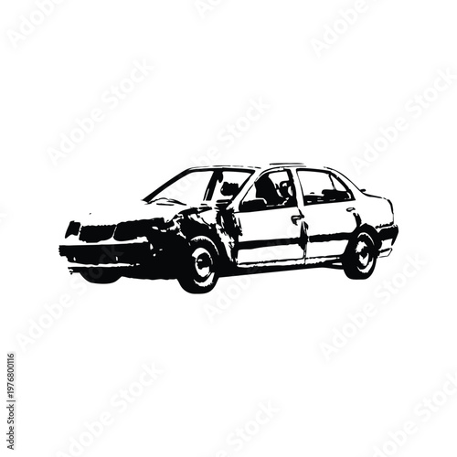 Vintage retro illustration of wrecked car damaged vehicle black and white grunge style vector art