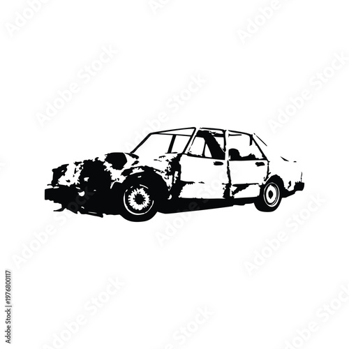 Vintage retro illustration of wrecked car damaged vehicle black and white grunge style vector art