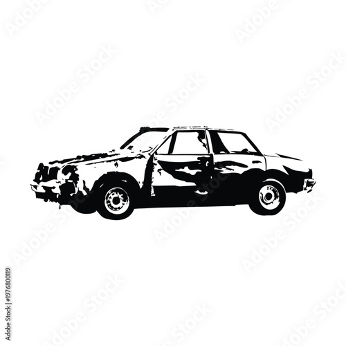 Vintage retro illustration of wrecked car damaged vehicle black and white grunge style vector art